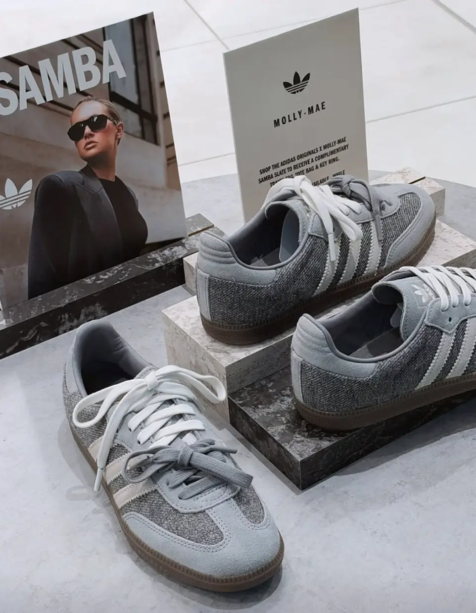The Samba Slate is in a grey colourway, complete with off-white Three Stripes (Instagram/mollymae)