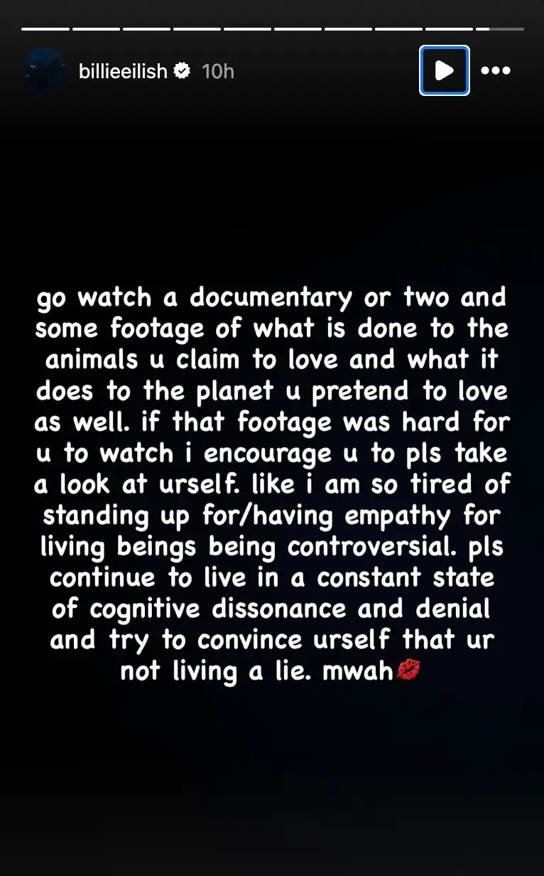 The 24-year-old Grammy Award-winning singer took to Instagram to call out people living in 'denial' (Instagram/@billieeilish)