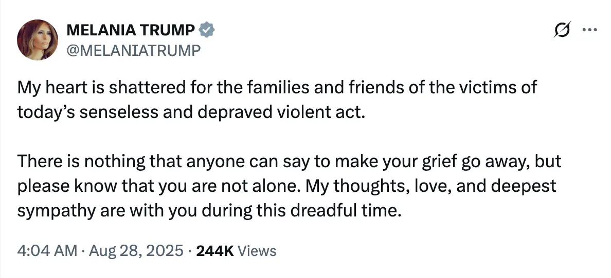 Melania Trump has shared a statement following the 'senseless and depraved violent act' that took place on Wednesday (27 August) (X/@MELANIATRUMP)