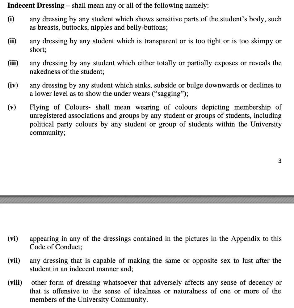 The school's Code of Conduct listed types of clothing that would be deemed inappropriate (OOU Portal)