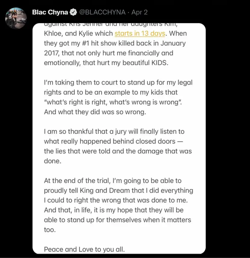 The reality star posted a statement regarding the upcoming trial on Twitter (