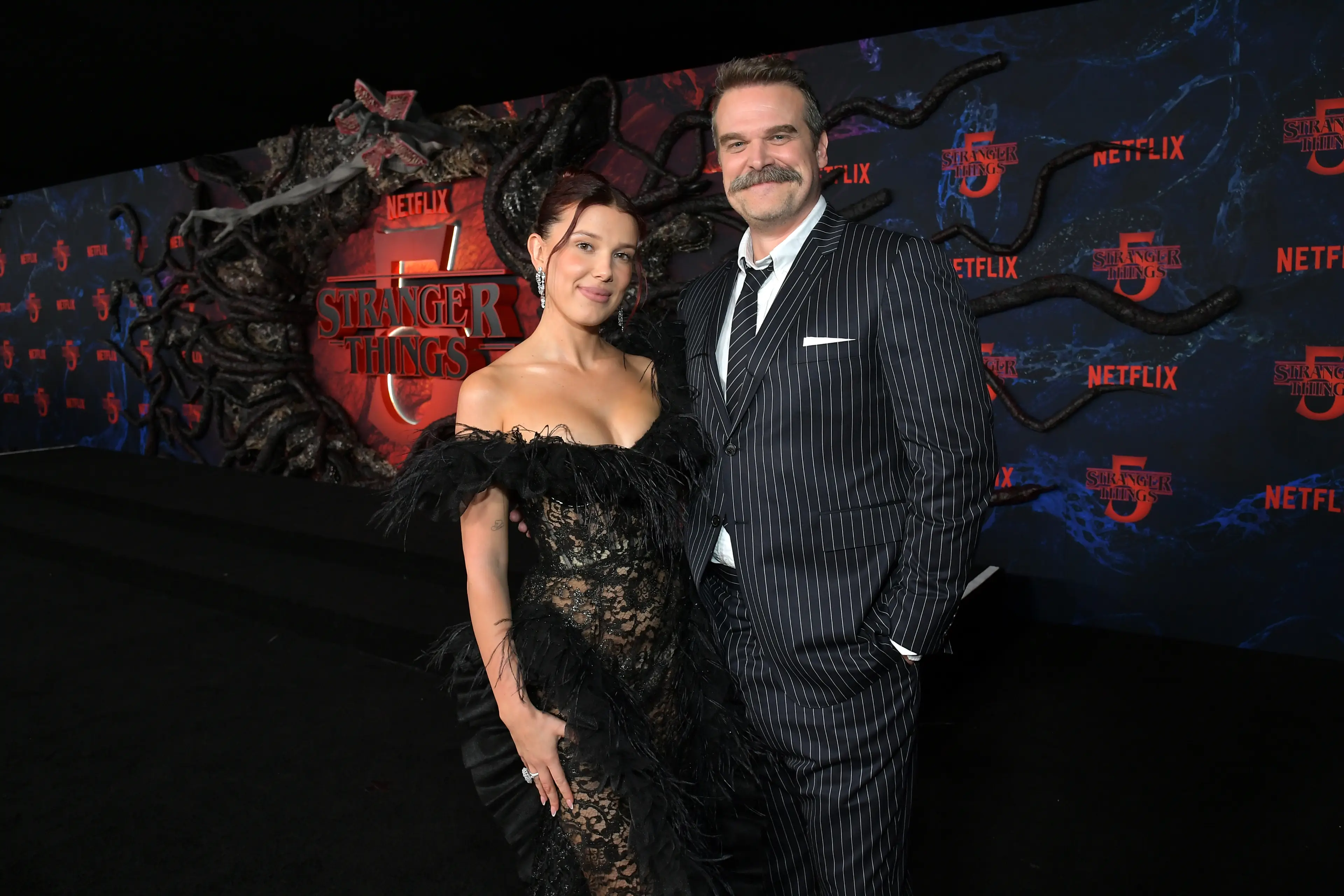 Millie Bobby Brown and David Harbour made a red carpet appearance together yesterday amidst 'bullying and harassment' allegation reports (Charley Gallay/Getty Images for Netflix)