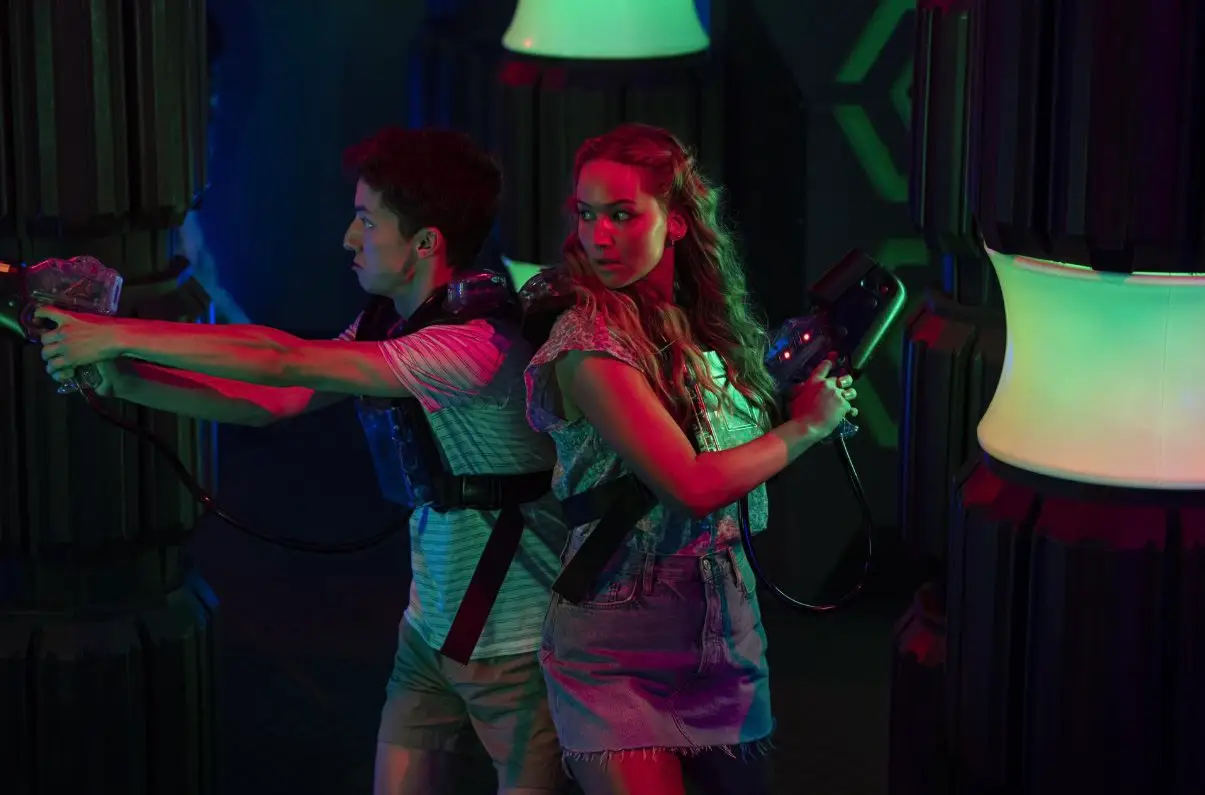 Andrew Barth Feldman and Jennifer Lawrence in No Hard Feelings.