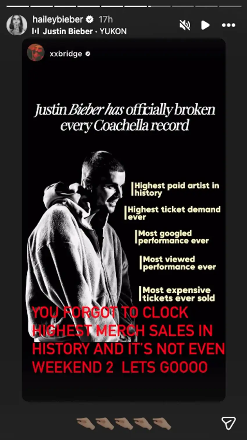 Hailey showed her support for her husband with a sweet Instagram story (Haley Bieber/Instagram)