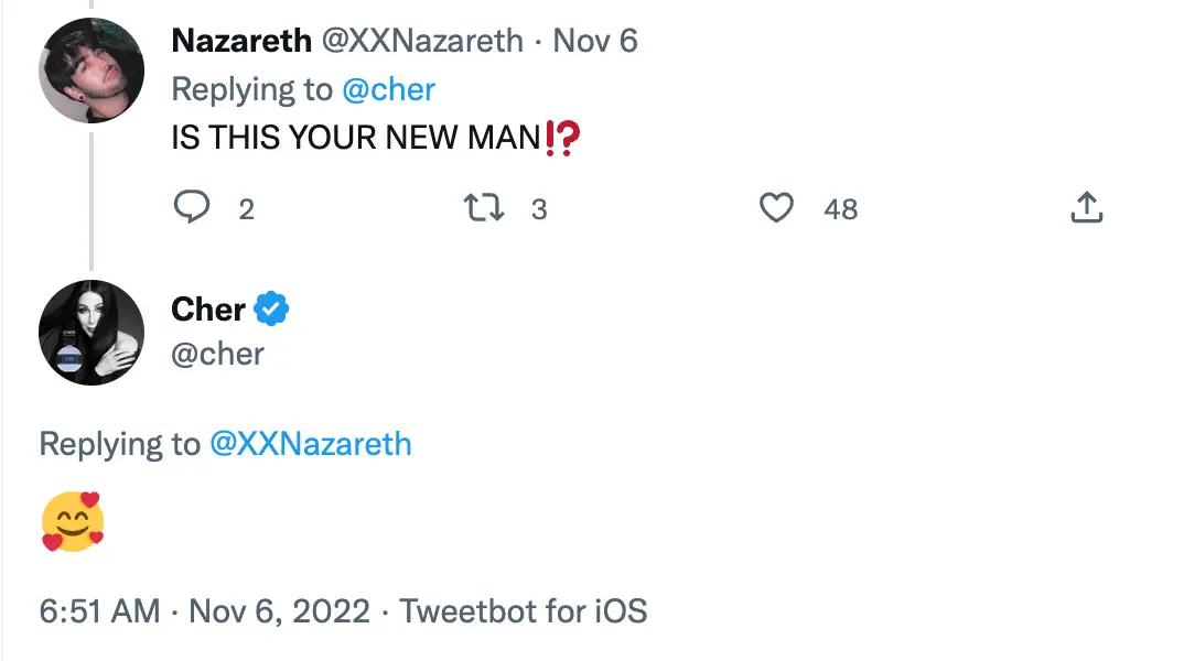 Cher confirmed the relationship on Twitter.