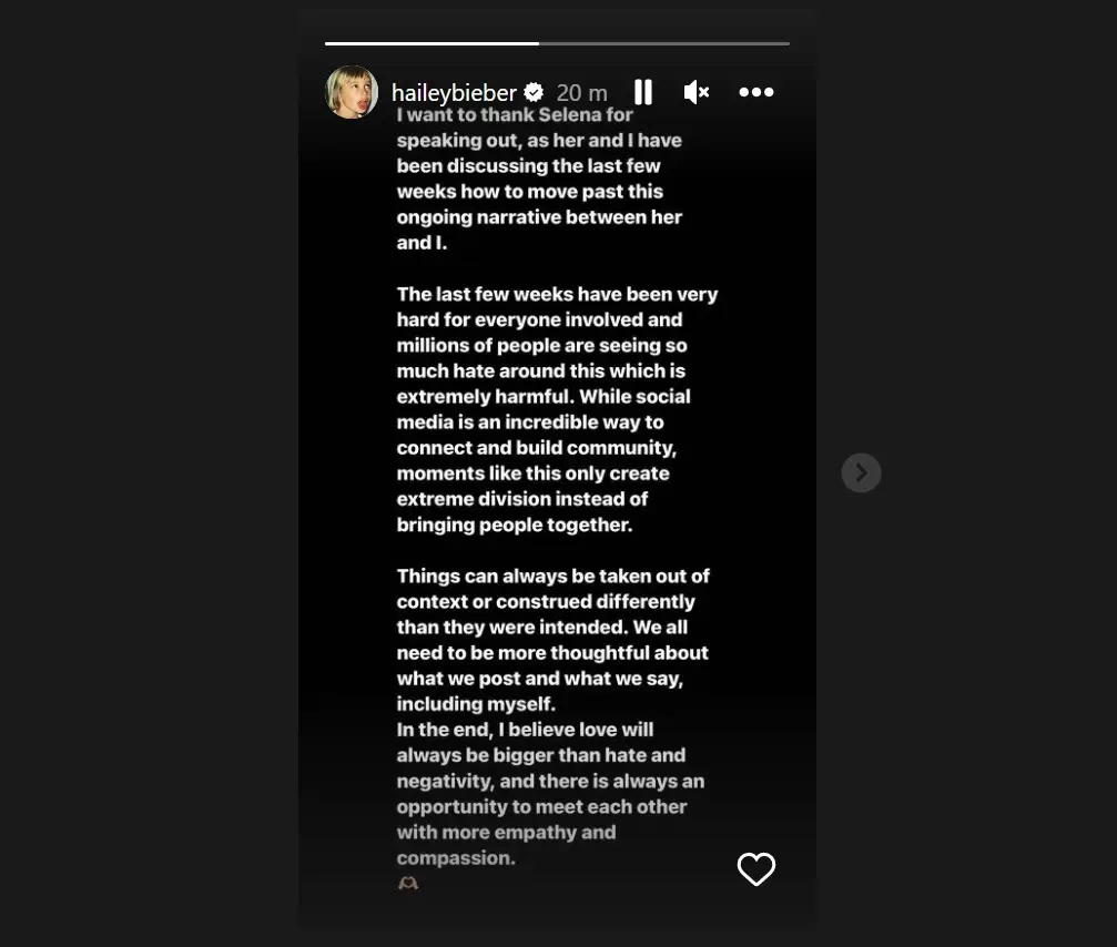 Hailey Bieber thanked Selena Gomez for defending her against trolls.