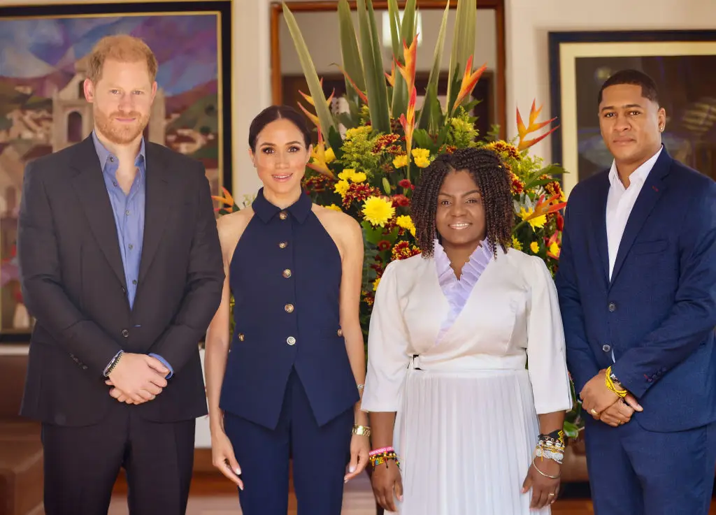 The Sussexes are visiting Colombian Vice President Francia Márquez and her husband Rafael Yerney Pinillo (Photo by Colombian Vice President's Office via Getty Images)