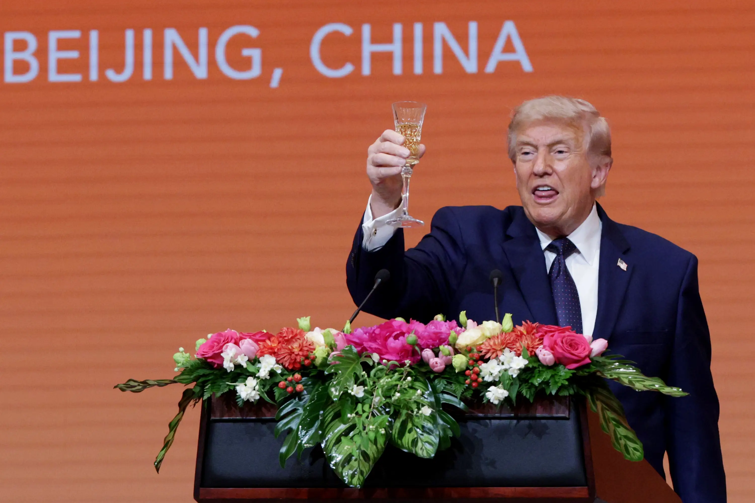 US President Donald Trump toasted Chinese President Xi Jinping at a state banquet in China earlier today (Alex Wong/Getty Images)