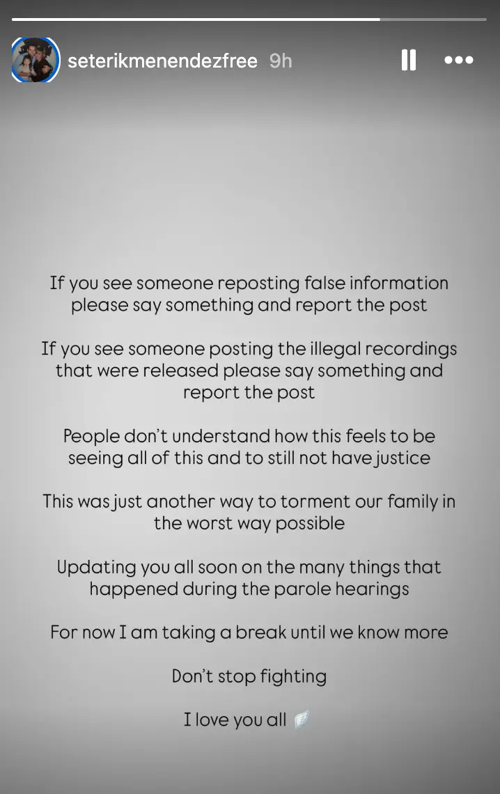 Erik's step-daughter from his marriage to Tammi Menendez, Talia, has taken to social media to speak out over the parole hearing verdict (Instagram/@seterikmenendezfree)