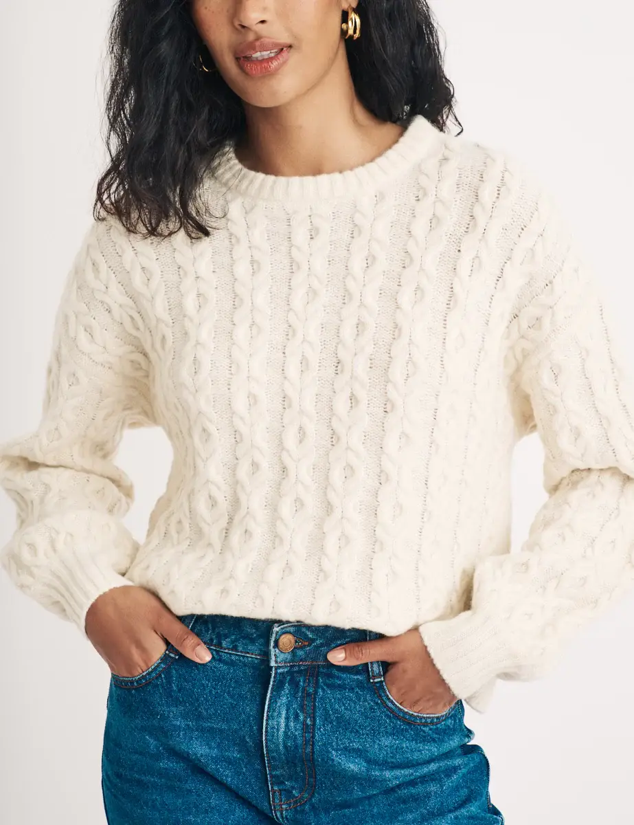 Cream Crew Neck Cable Knit Wool Jumper