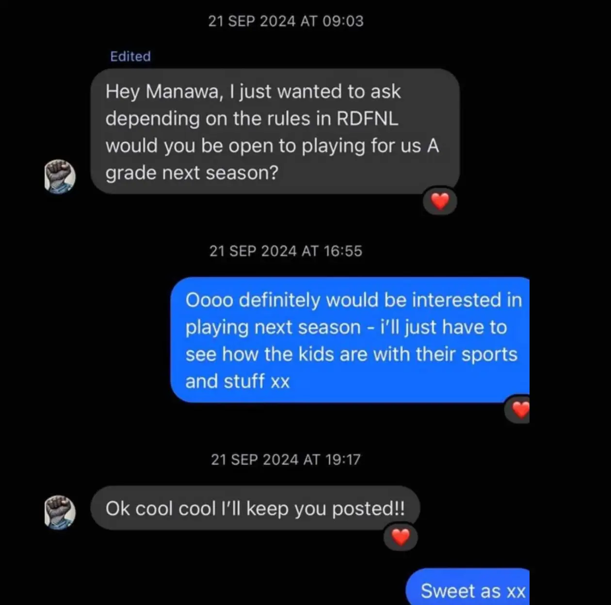 Arunui included a screenshot of an alleged conversation with a Melton South coach (Facebook)