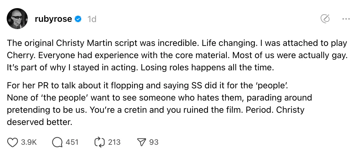 Ruby Rose slammed Sweeney following the release of Christy, in which she stars as lesbian boxing star Christy Martin (Threads/@rubyrose)