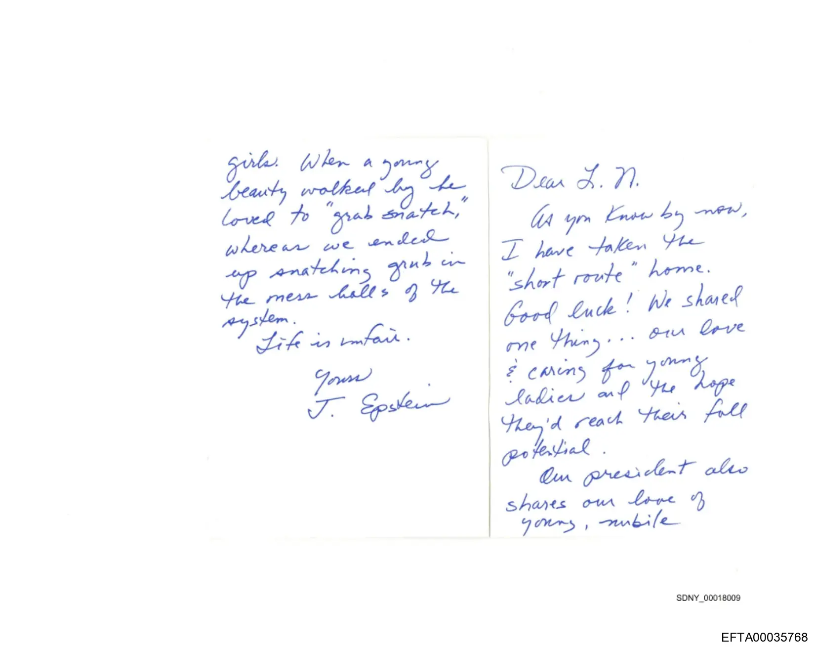 The newly-released files include a letter claiming a 'president' shared 'love for young girls' (US Department of Justice)