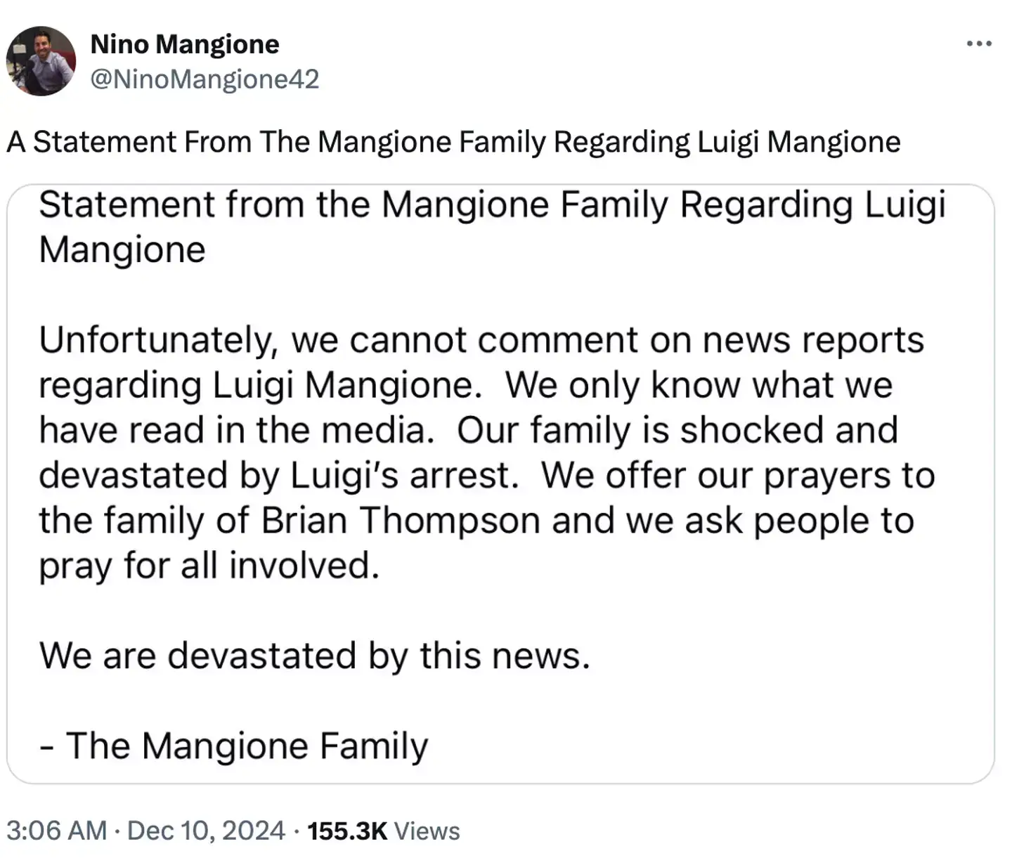 A statement from Mangione's family following his arrest (X/@NinoMangione42)