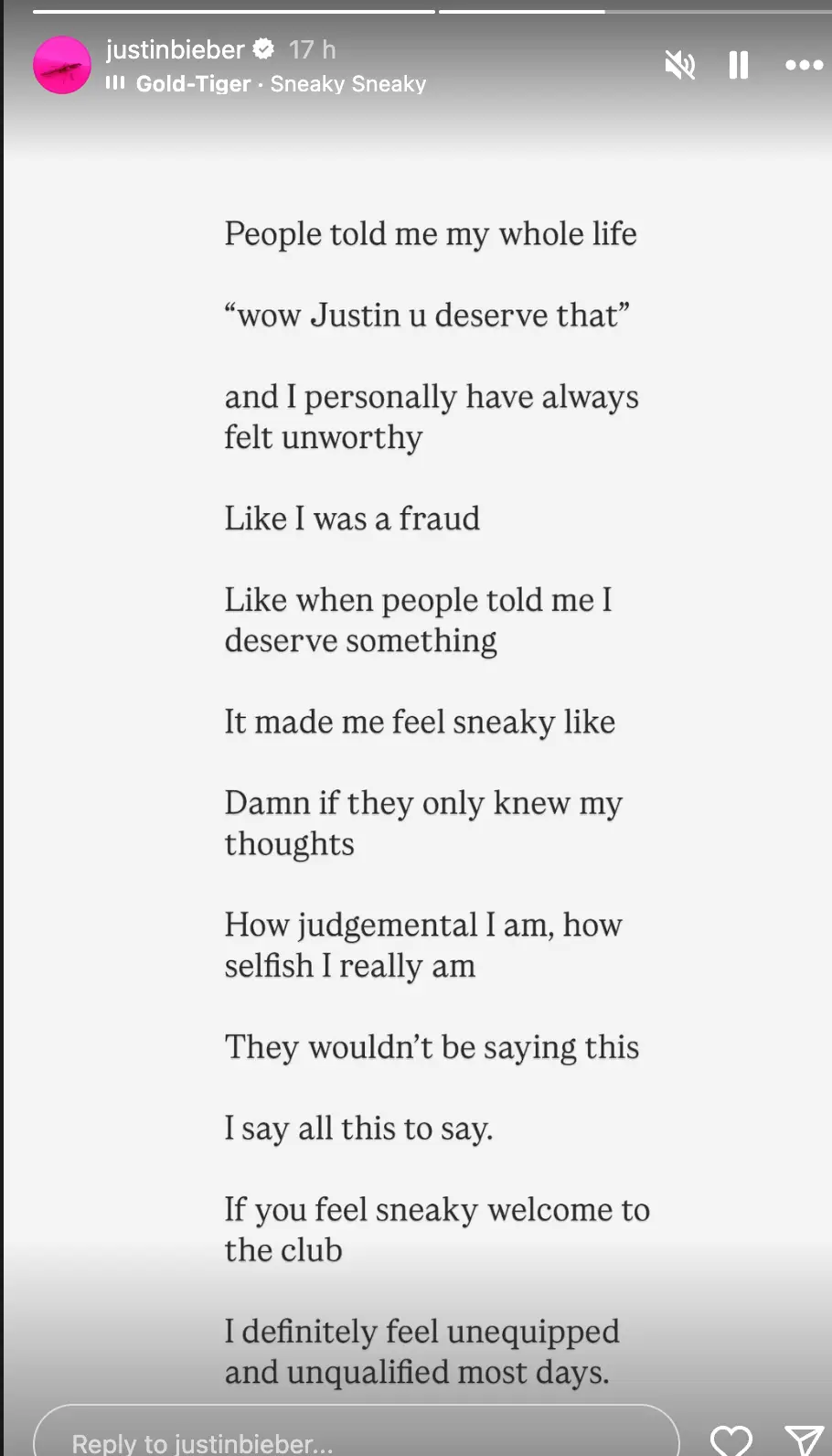 The singer got candid on Instagram (Instagram/@justinbieber)