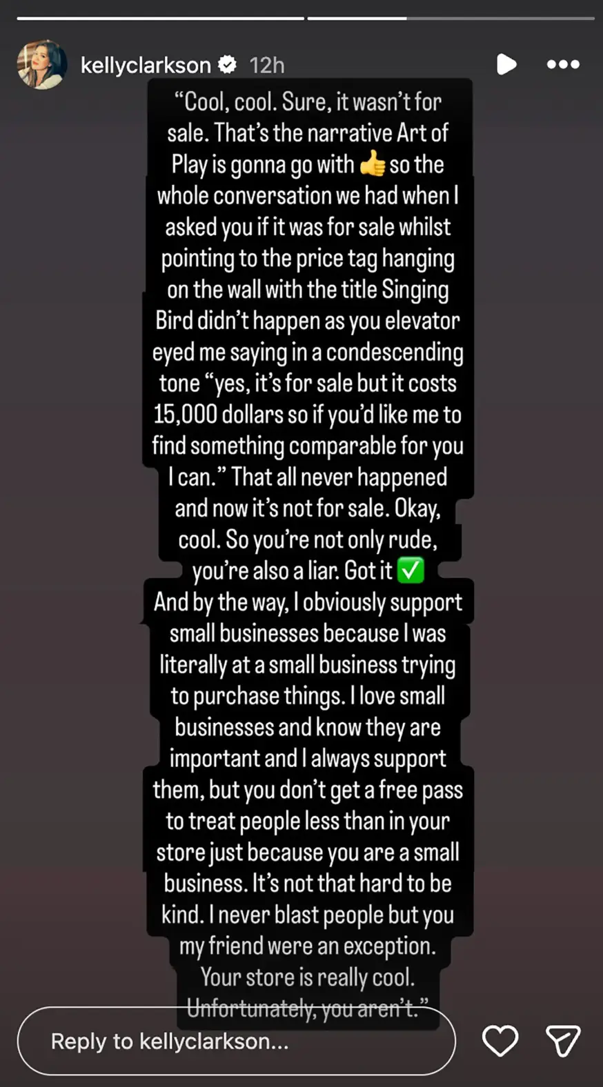 Clarkson later responded to the store's account (Instagram/@kellyclarkson)