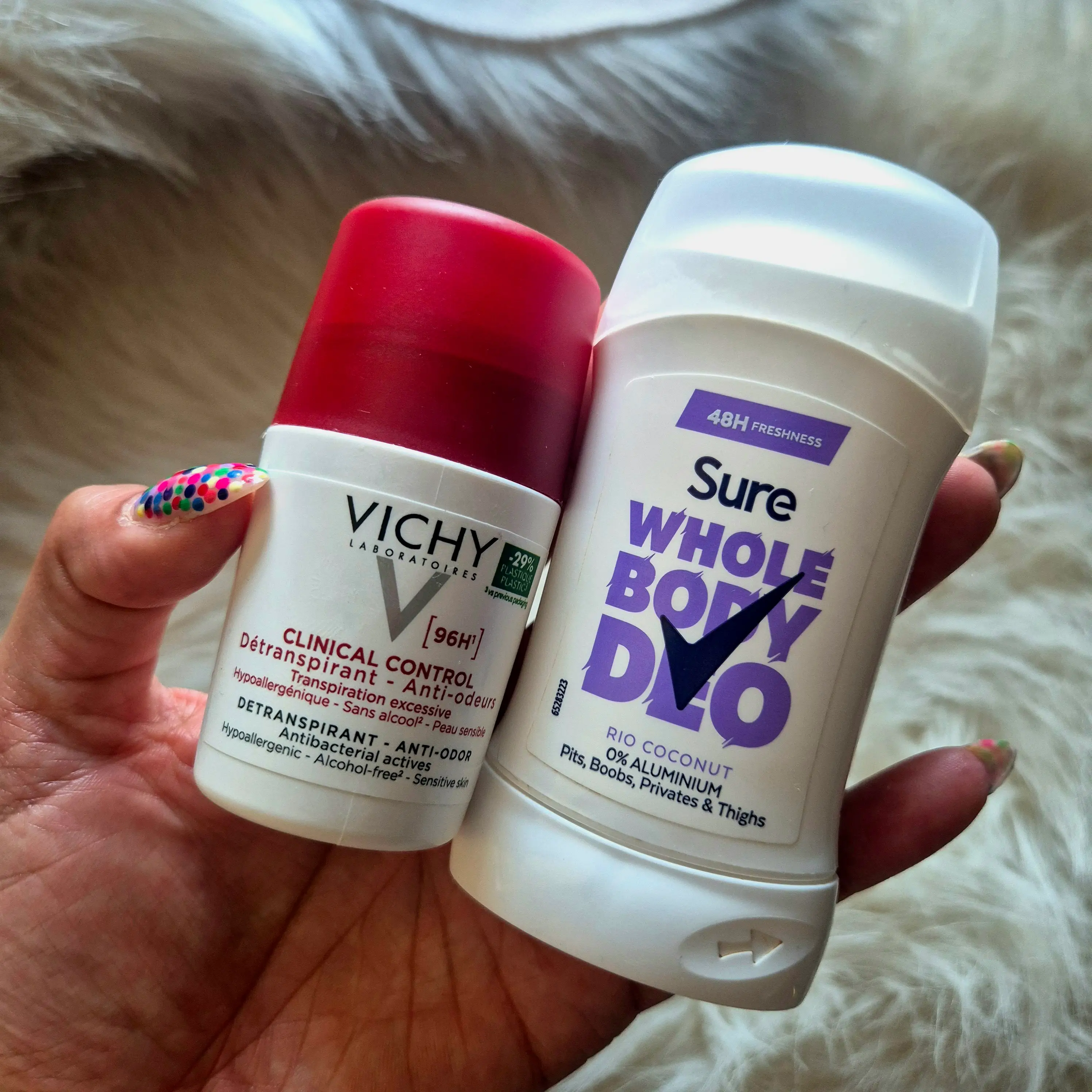 Sure body stick and Vichy 96-hour deodorant (Tyla)