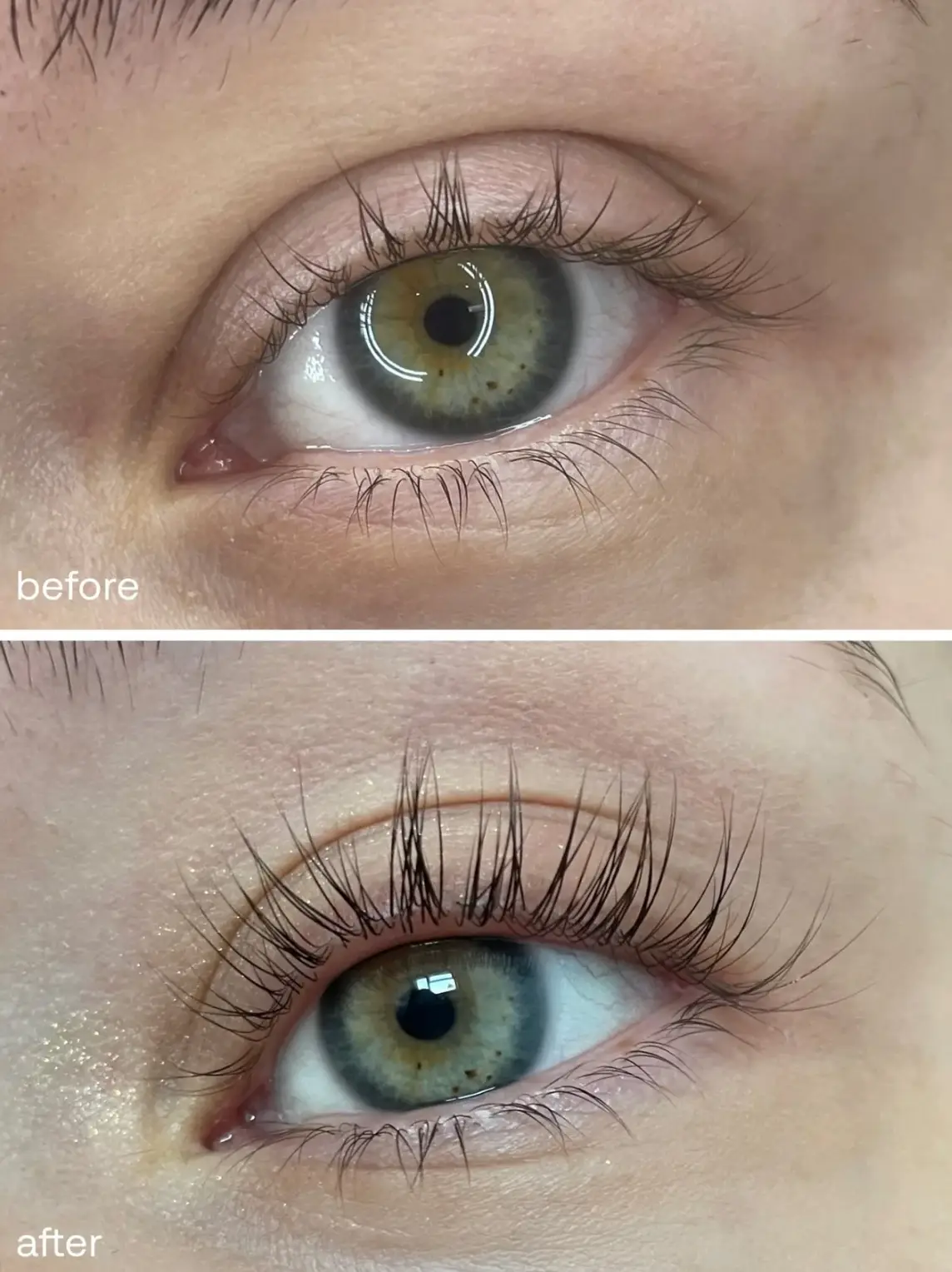 Before and after shows healthier and longer lashes.