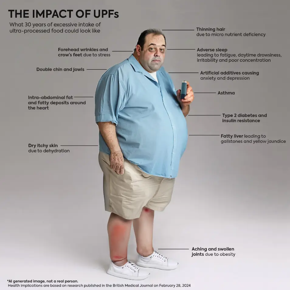 Gousto used AI and the expertise of Dr Hilary Jones MBE to create 'Michael', a product of a high UPF diet (Gousto)