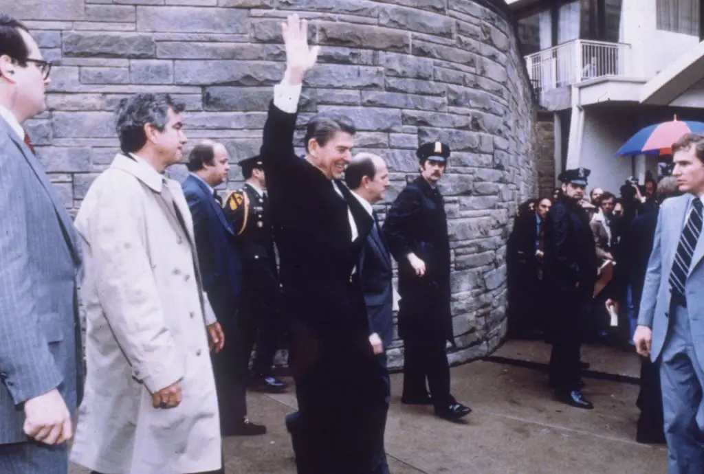 President Reagan waves to the crowd moments before Hinckley opened fire (Photo by Michael Evans/Keystone/CNP/Getty Images)