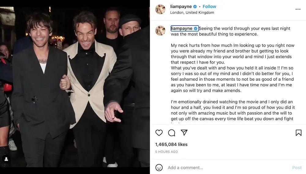 The former One Direction star shared a touching tribute to his pal Louis Tomlinson.