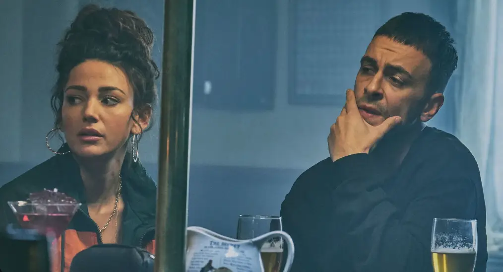 Michelle Keegan and Joe Gilgun in Brassic. (Sky)