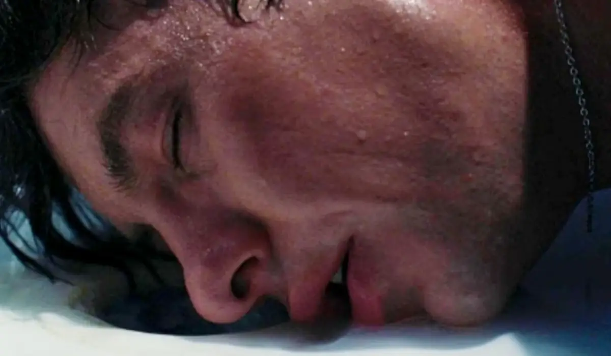 Keoghan's character slurps up his co-star's fictional sperm (A24)