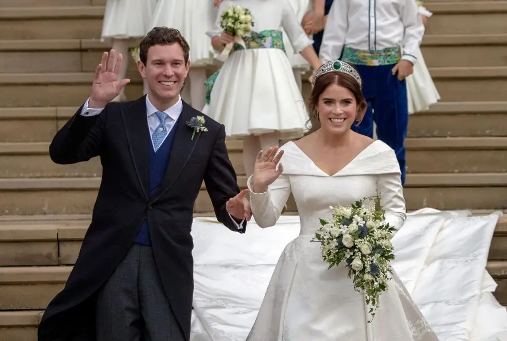 Princess Eugenie shares two children with husband Jack Brooksbank, though they don't hold titles (STEVE PARSONS/AFP via Getty Images)