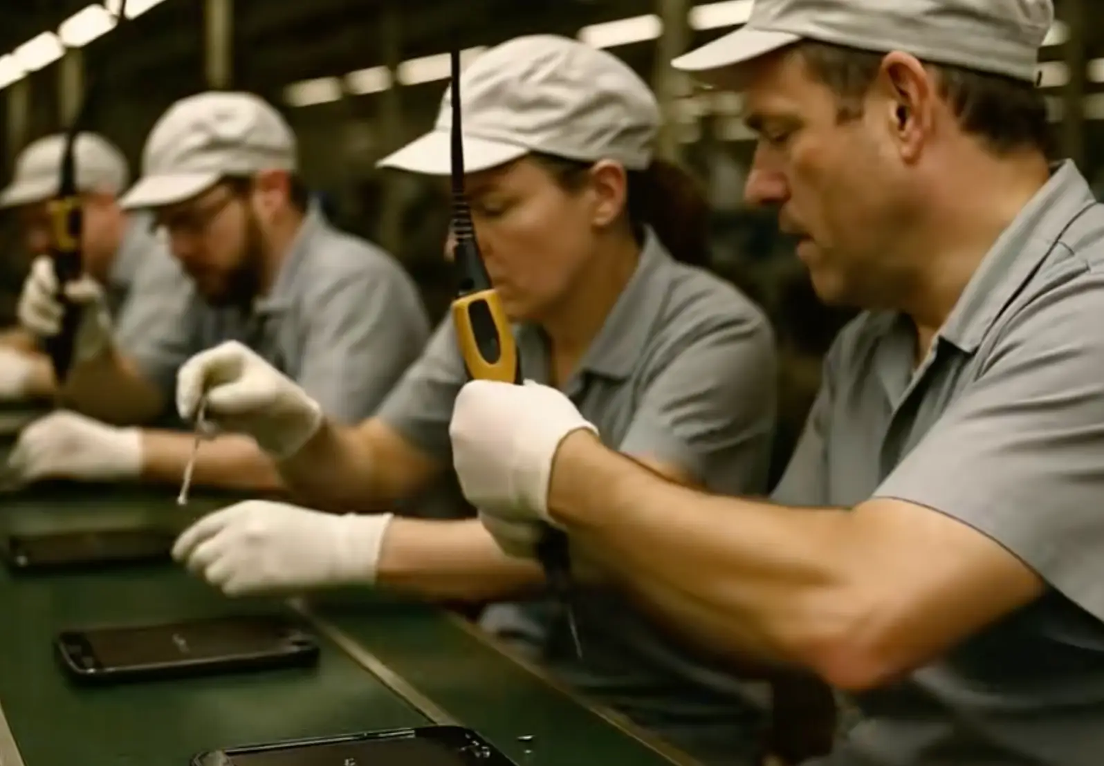 The workers can be seen building smartphones (TikTok/@benlau)