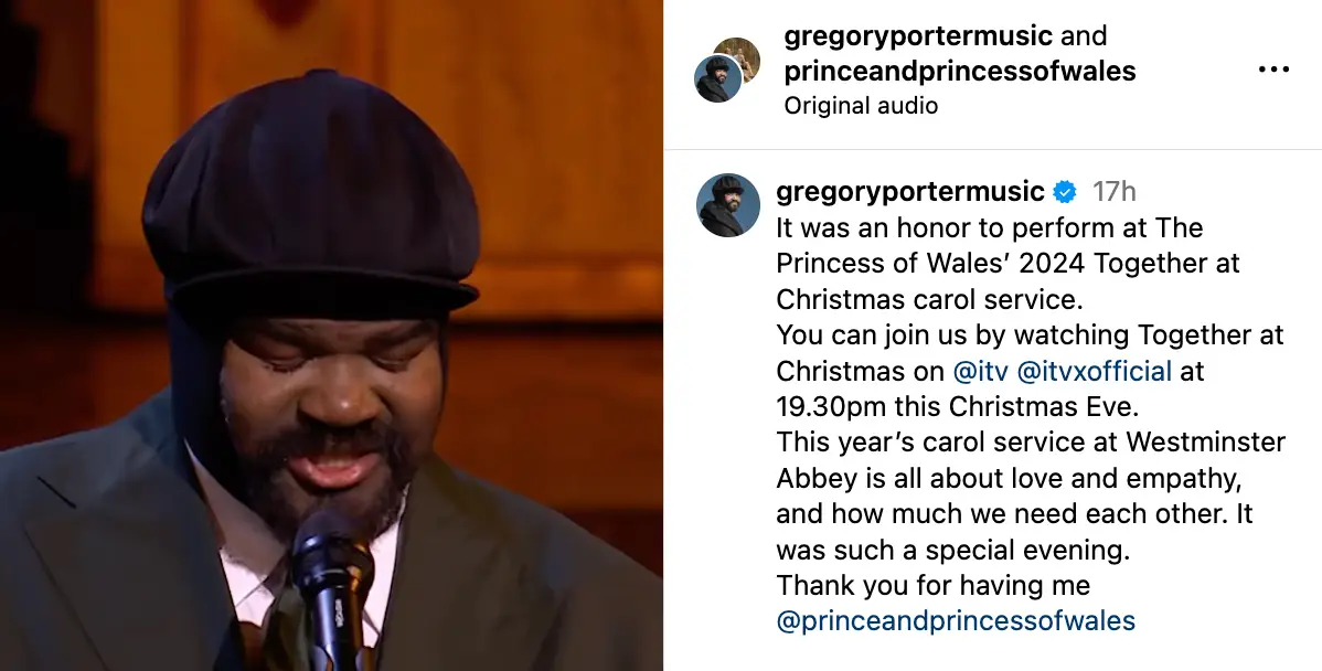 The Wales' simply re-shared a video of Porter's performance (Instagram/@gregoryportermusic/@princeandprincessofwales)