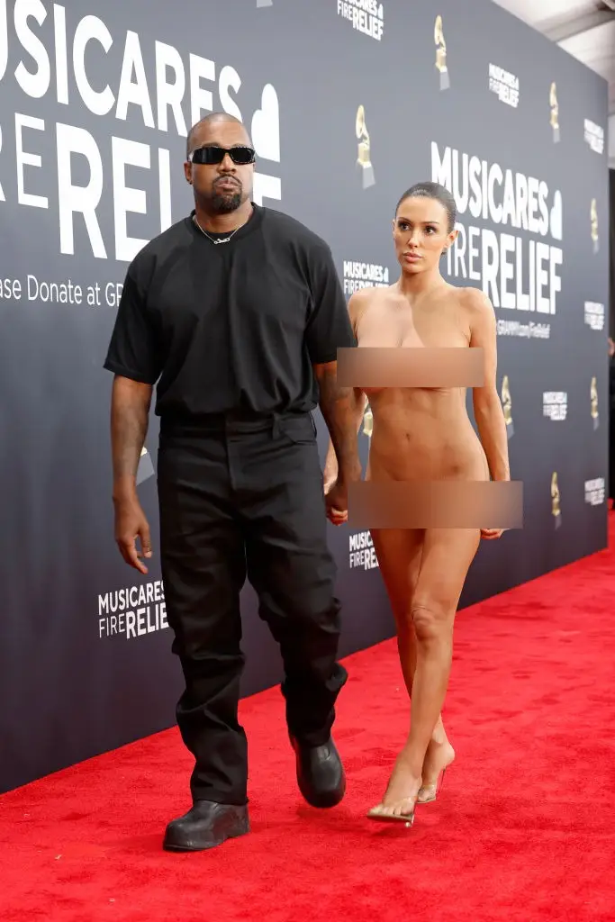 Kanye West and Bianca Censori made a bold red carpet appearance at the Grammys on Sunday (Frazer Harrison / Staff / Getty Images)