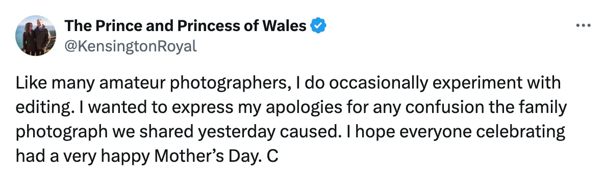 Kate has since apologised for the image in an official statement.