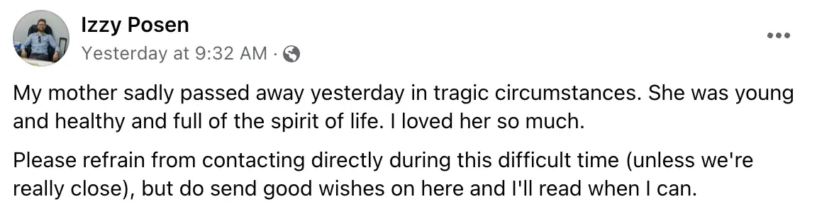 Miriam's son, Izzy, took to social media to share the news of his mum's passing.