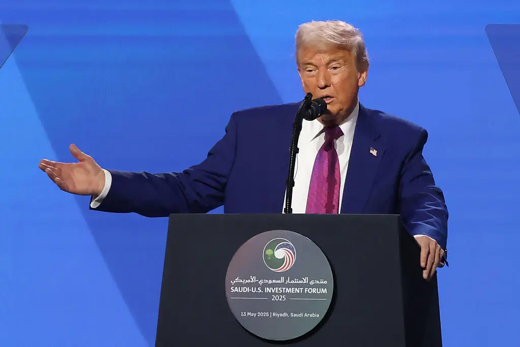 US President Donald Trump speaking at the King Abdul Aziz International Conference Center in Riyadh earlier this week (13 May) (FAYEZ NURELDINE / Contributor / Getty Images)
