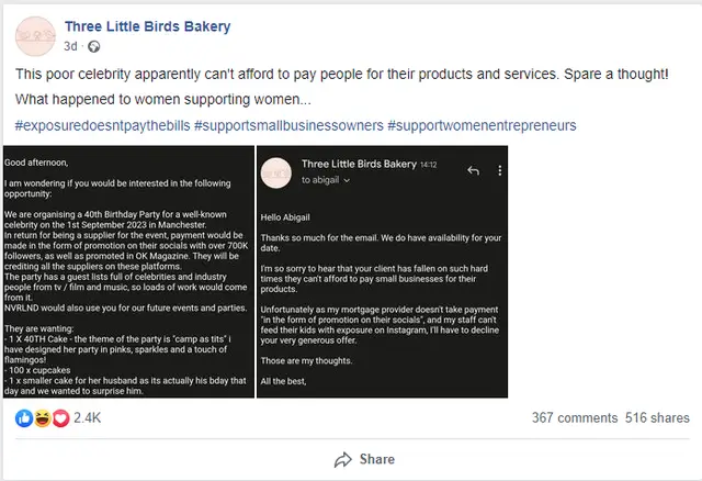 A Bradford bakery is being praised for its response to a ‘well-known celebrity’ offering ‘exposure’ in return for free cakes.