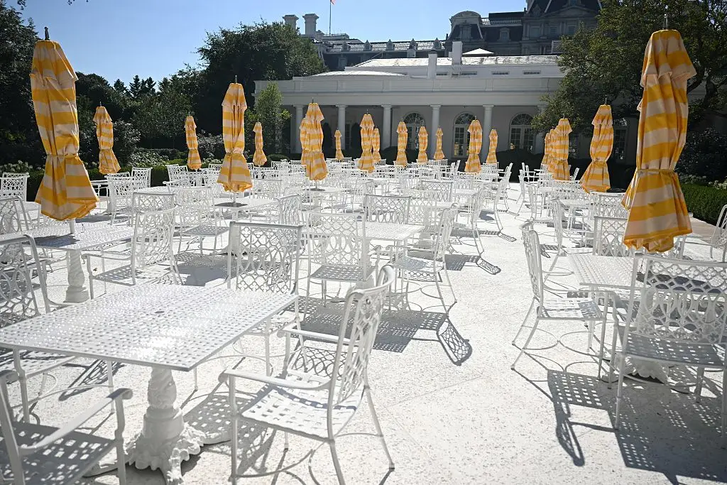 View of the newly-paved Rose Garden at the White House last week (9 August) (ANDREW CABALLERO-REYNOLDS / Contributor / Getty Images)