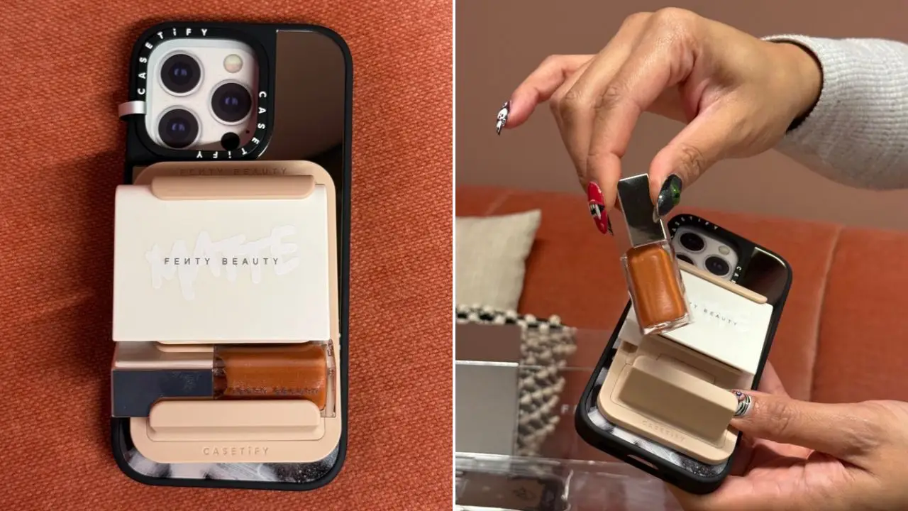 The £54 Fenty Beauty MagSafe Holder comes complete with the brand's mini Instant Setting Powder and Gloss Bomb