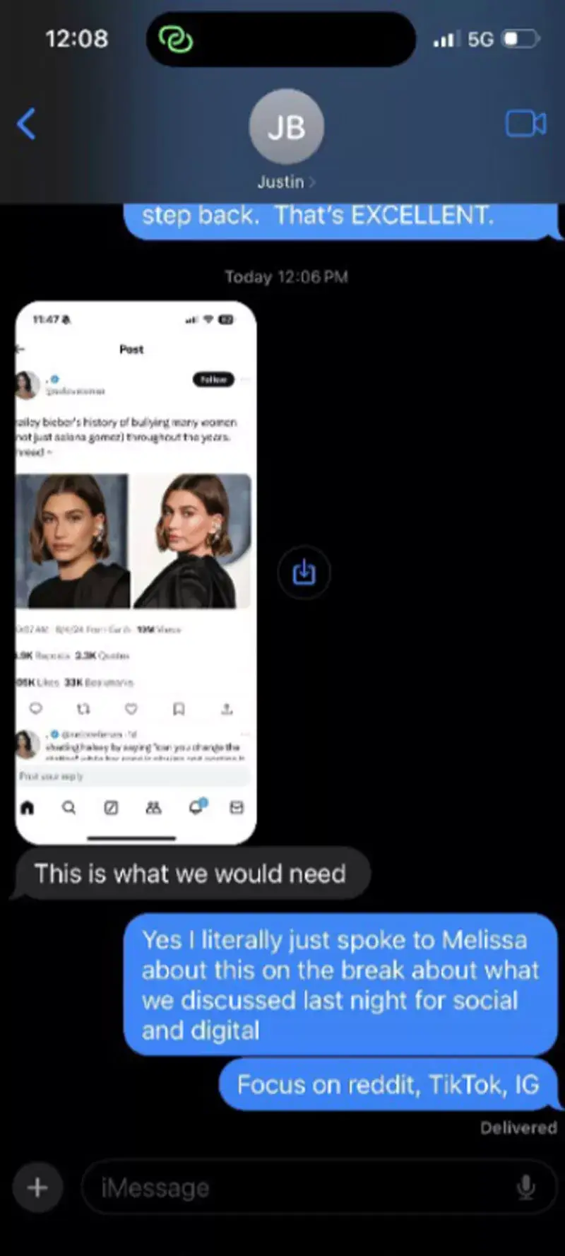 A screenshot of an alleged text message exchange between Baldoni and PR executive Jennifer Abel (People)