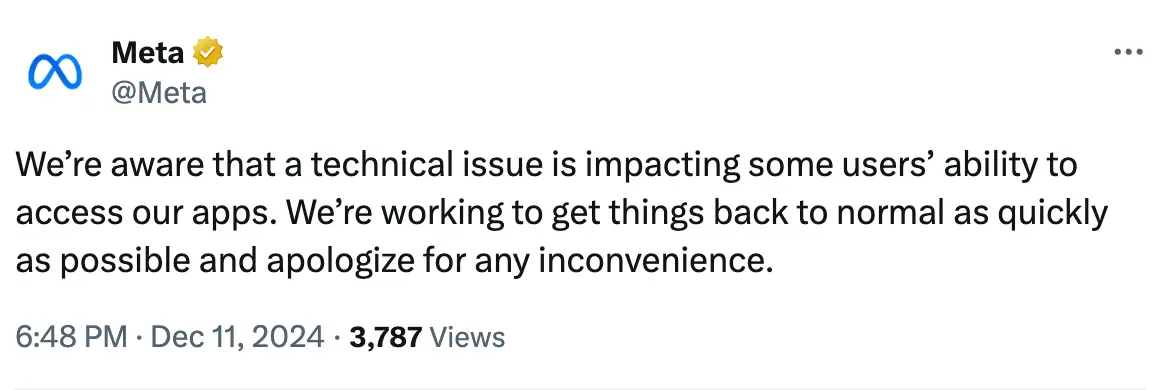 Meta has since addressed the outage (Meta/X)