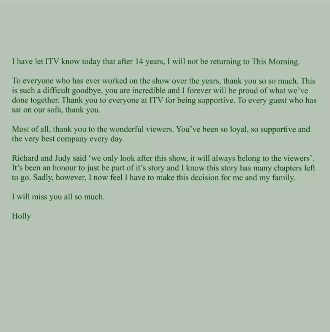 The ITV star announced the news yesterday (10 October).