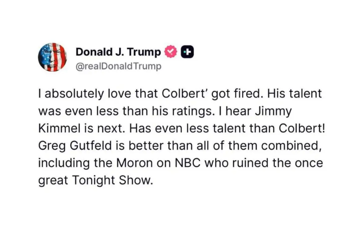 Trump issued a savage response to Colbert's cancellation last week (Truth Social)