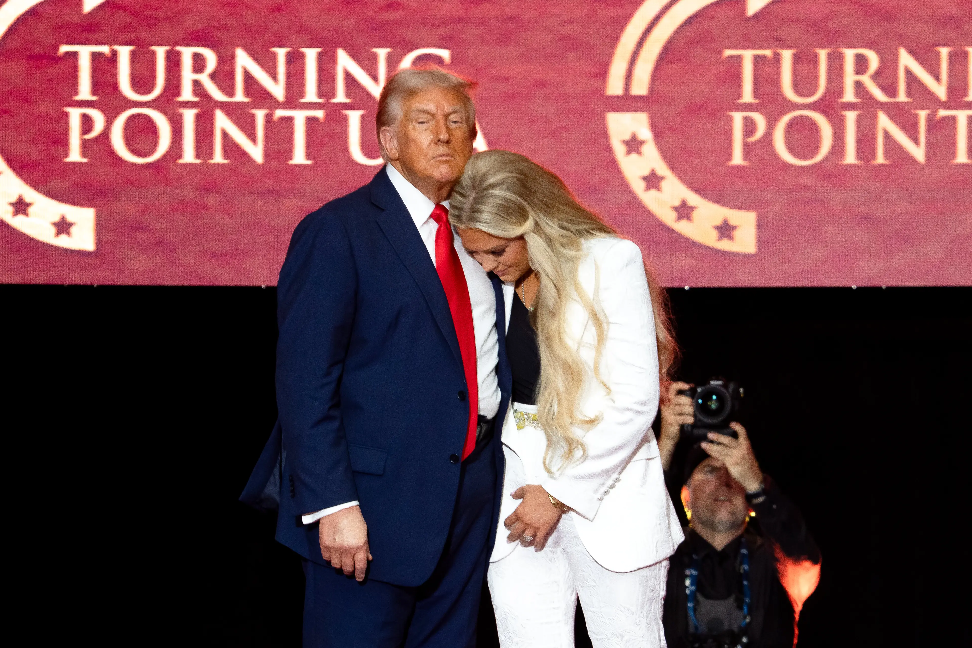 Donald Trump paid tribute to Charlie Kirk and supported his widow, Erik, at the funeral yesterday (Rebecca Noble/Bloomberg via Getty Images)