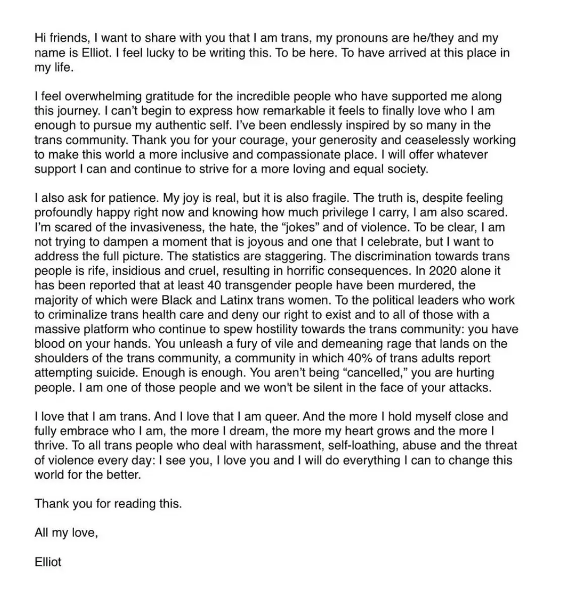 Elliot came out to the public as transgender in December 2020.