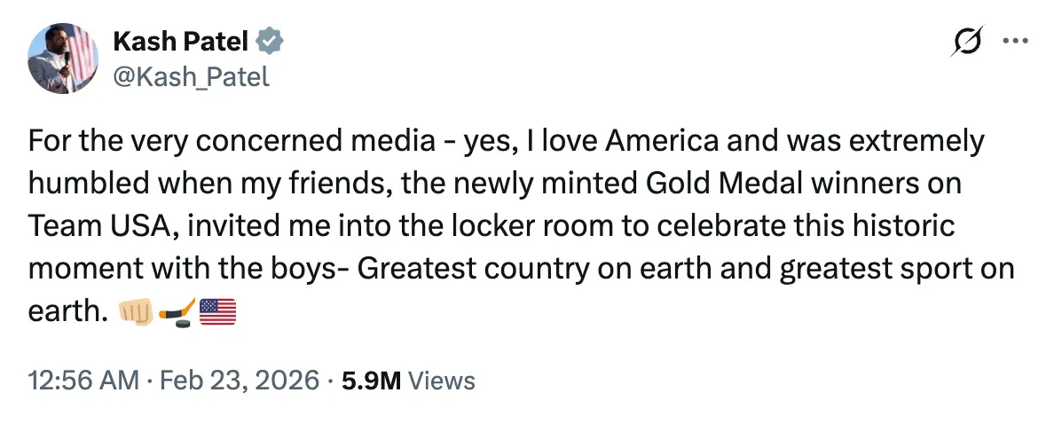 Patel issued a statement to social media following the Team USA victory (X/@Kash_Patel)
