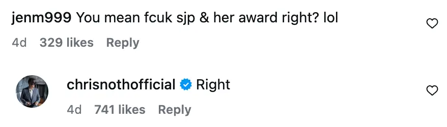 Fans were quick to pick up on the remark (Instagram/ChrisNothOfficial)