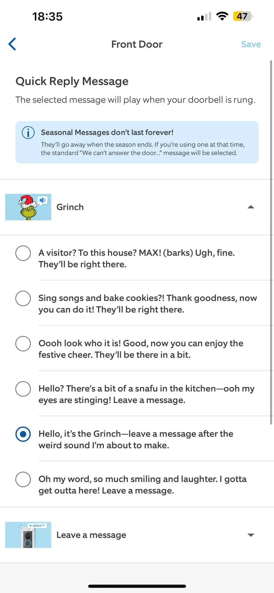 The Ring app has a range of Grinch sounds.
