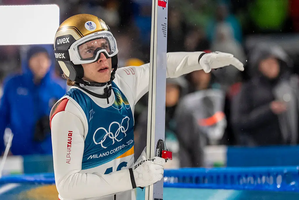 Daniel Tschofenig, 23, was prevented from competing in the men's large hill individual event for wearing oversized boots (NurPhoto/Getty Images)