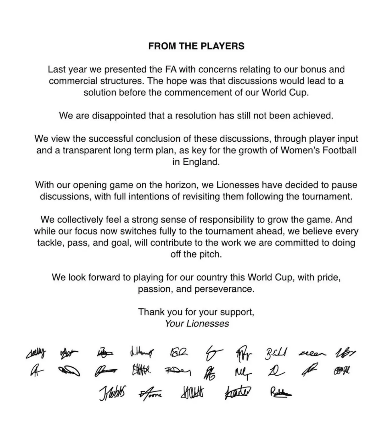 The 26-player team signed the statement, which was released via social media.