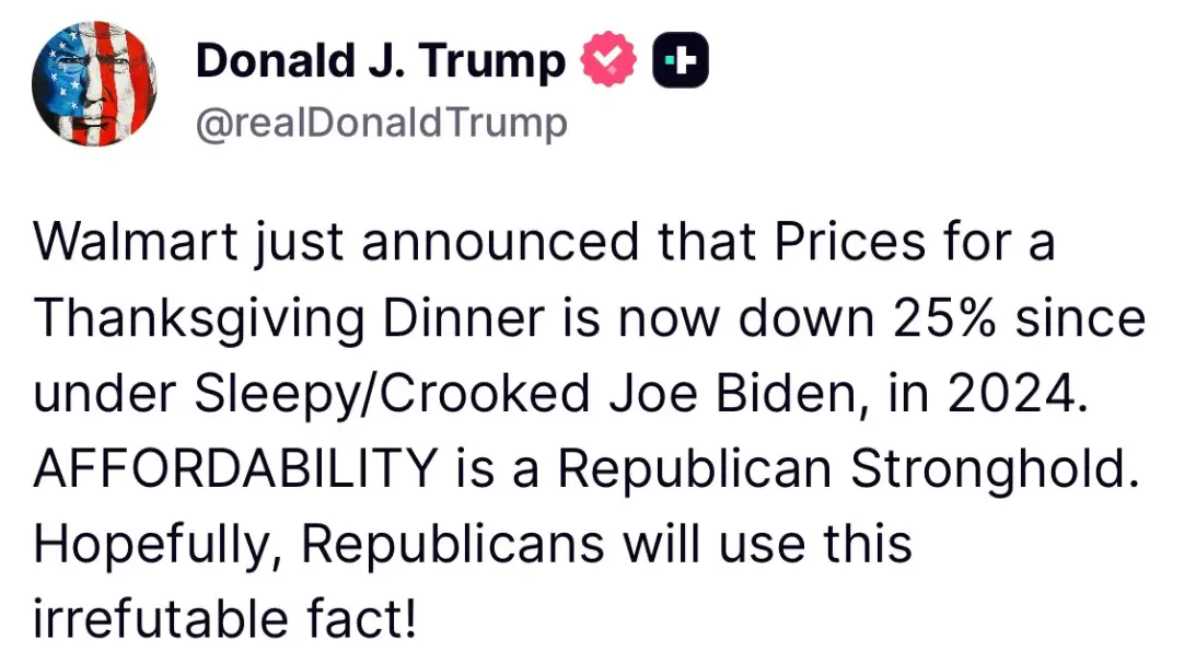 Trump has been focussing his attention on affordability lately (Truth Social)