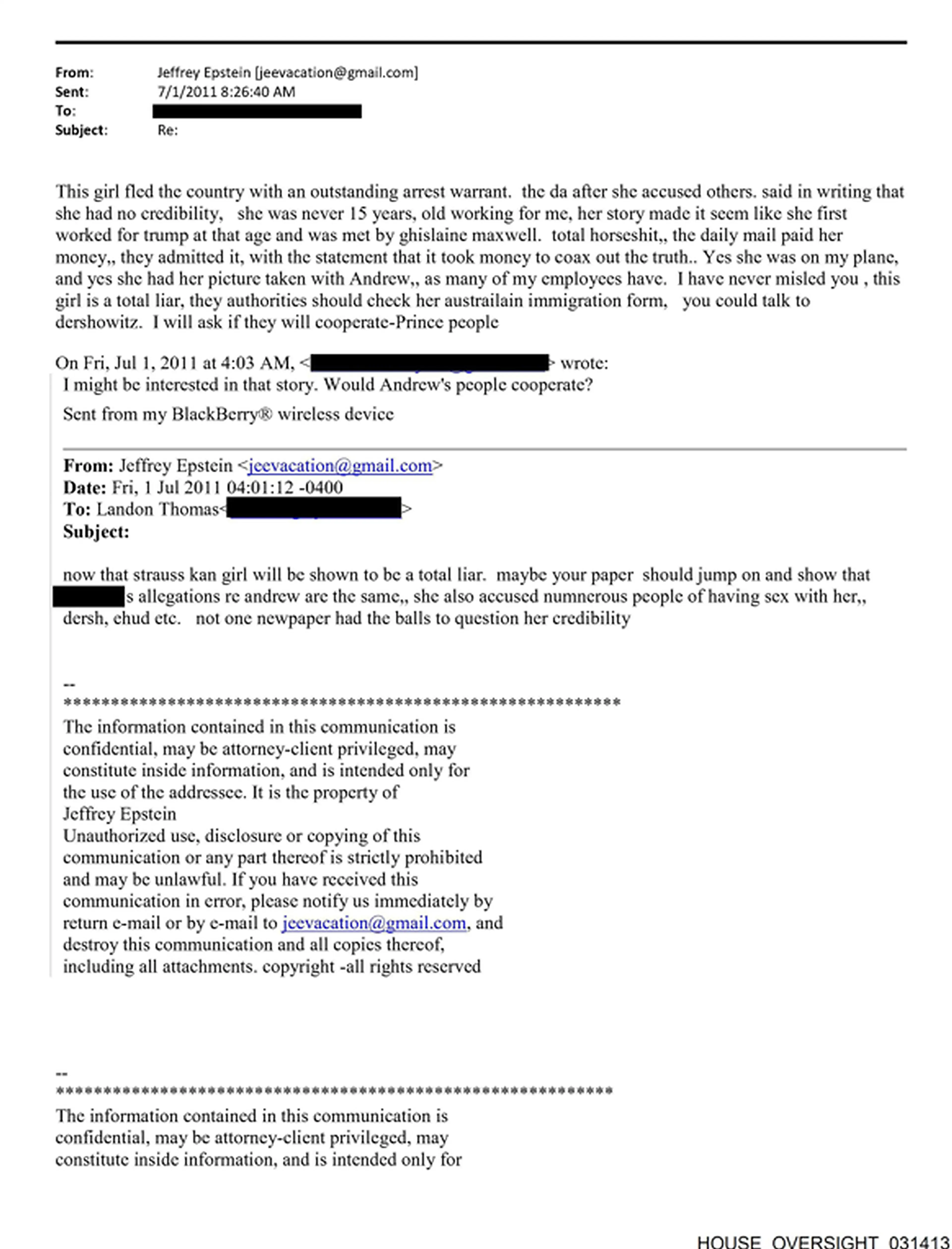 It is not clear if Epstein was writing about Virginia Giuffre (PA)